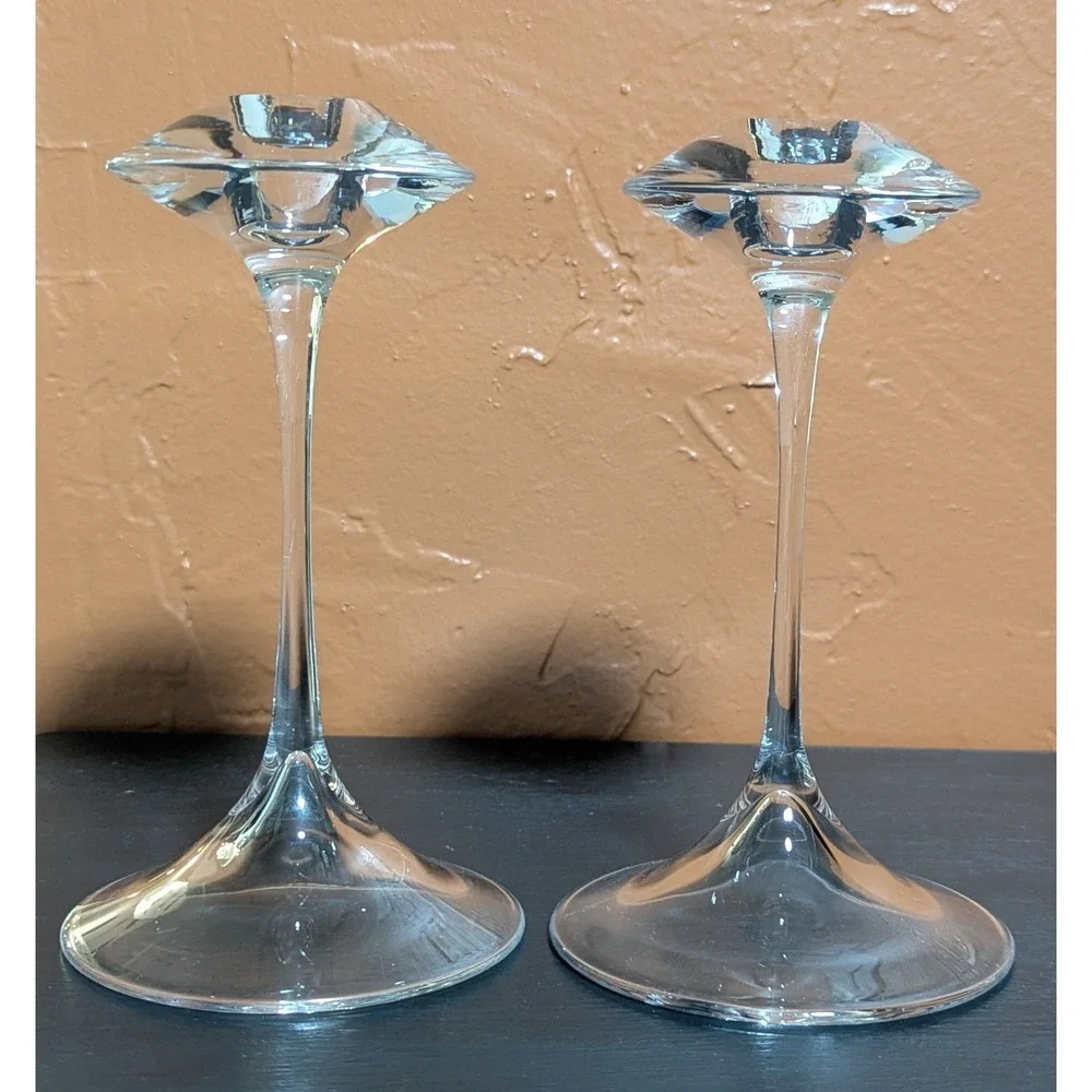 Kosta Boda Fanfare Crystal Candlesticks Set of 2 Signed & No. Kjell Engman 68205